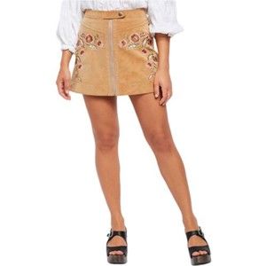Free People NWT Alanis Faux Leather Embroidered Front Zip Mini Skirt Camel 4 New